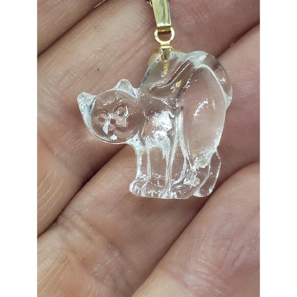 Carved Clear Cat Pendant Necklace Cat Lady Cat Lover Glass Crystal Kitty Charm - Picture 10 of 10